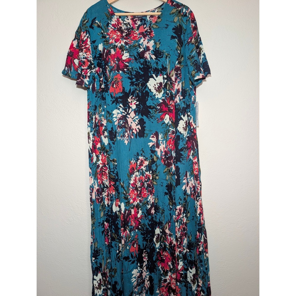 Roaman's Maxi Dress Women 18/20 Teal Floral New Short Sleeve Crinkle Rayon
